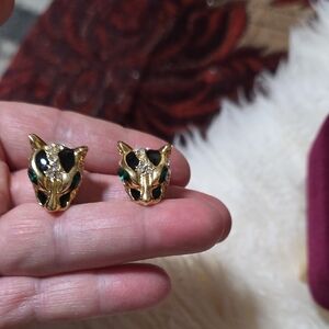 Gold Panther Earrings with Black and Green Accents